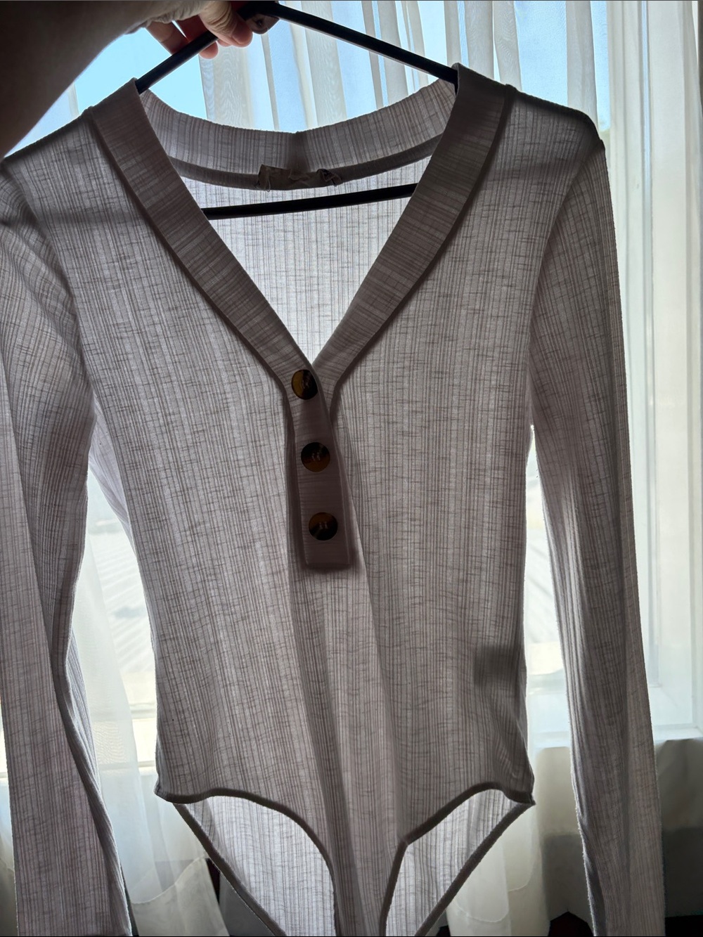 Pink Republic Cream Ribbed V-Neck Button Long-Sleeve Bodysuit